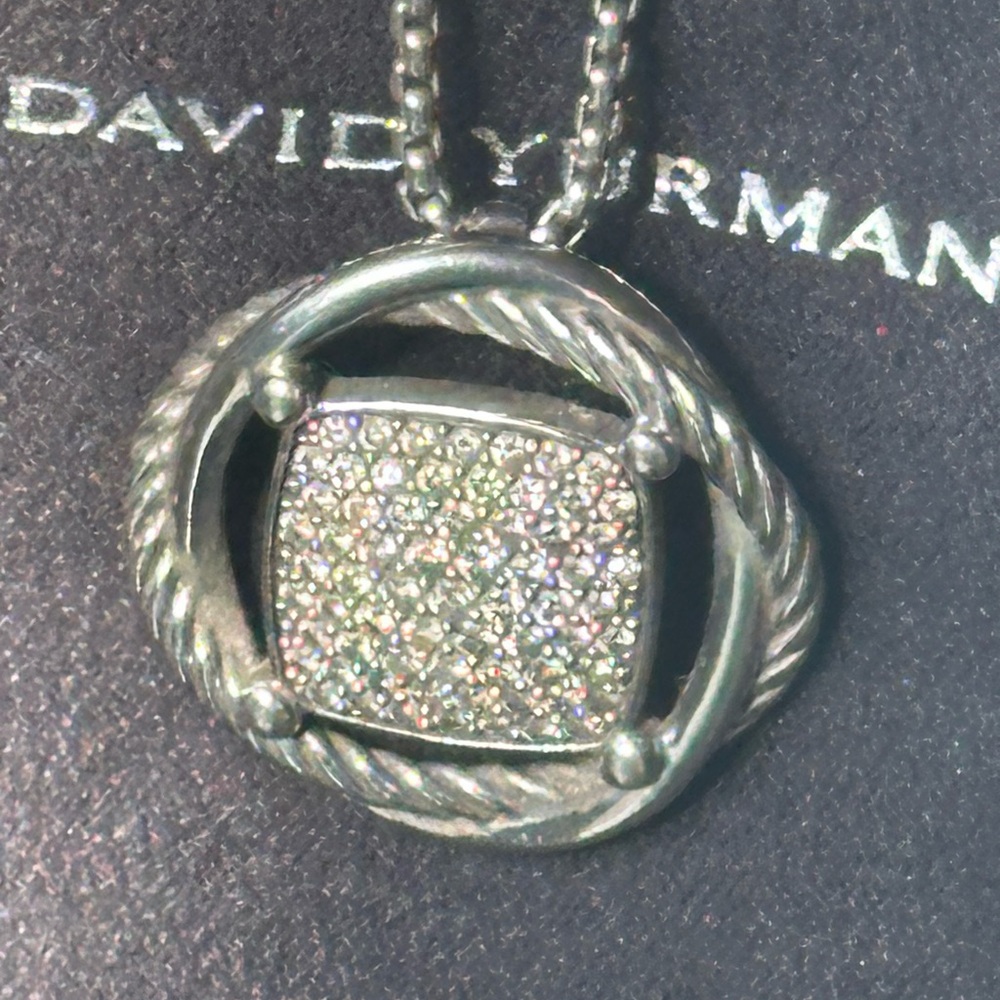 David Yurman Twisted Silver Necklace with a Pavé Diamond Center Pendant